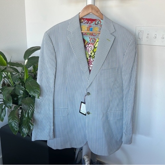 Robert Graham Notch Sucker Striped Sport Blazer Jacket Sz 44 Blue White Rare NEW - Picture 1 of 12